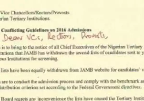 Letter From JAMB To VCs, Rectors, Provosts